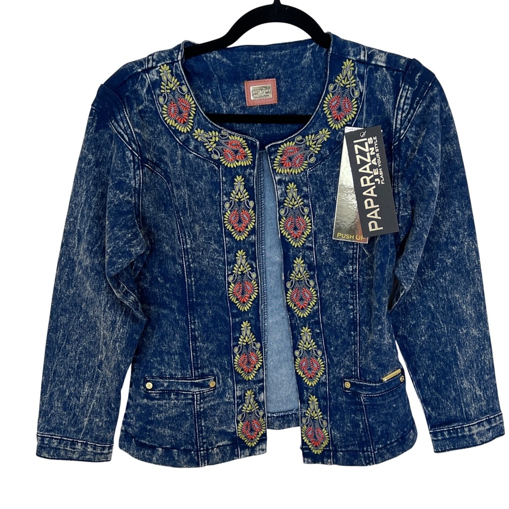 Paparazzi Jeans Womens Acid Wash Embroidered Denim Jacket Blue Size M NWT